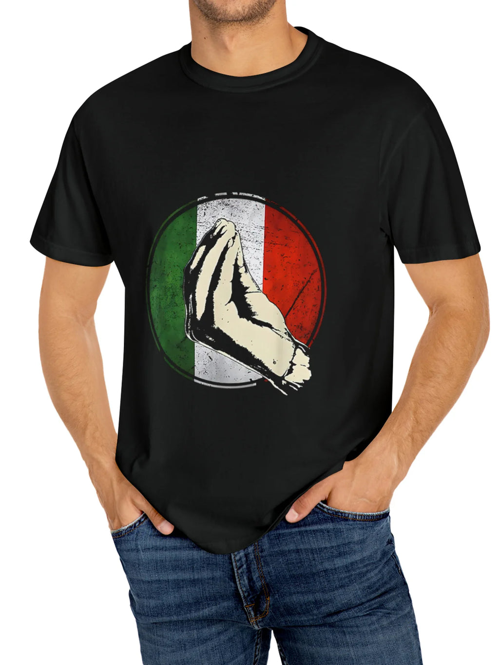 Men's Italian Flag-Inspired Prayer Hands Graphic T-Shirt - Casual Black Cotton Tee with Short Sleeves