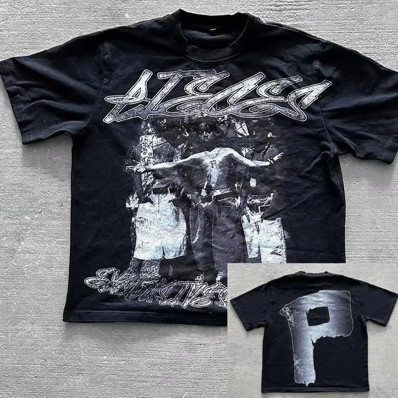 American Retro Letter Print Oversized T Shirt Y2K Streetwear Hip Hop Crew Neck Loose Casual Harajuku Fashion Street Goth Top