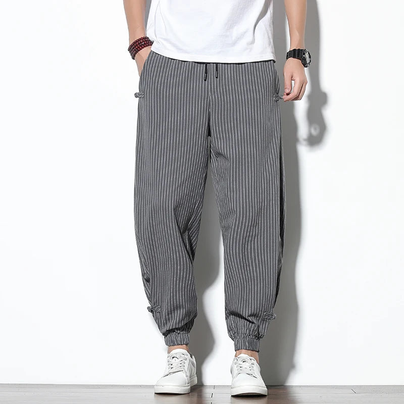 Japanese Style Summer Thin Section Stripes Harem Pants Men Cotton Fashion Disc Buckle Breathable Linen Pants Men Plus Size 5XL