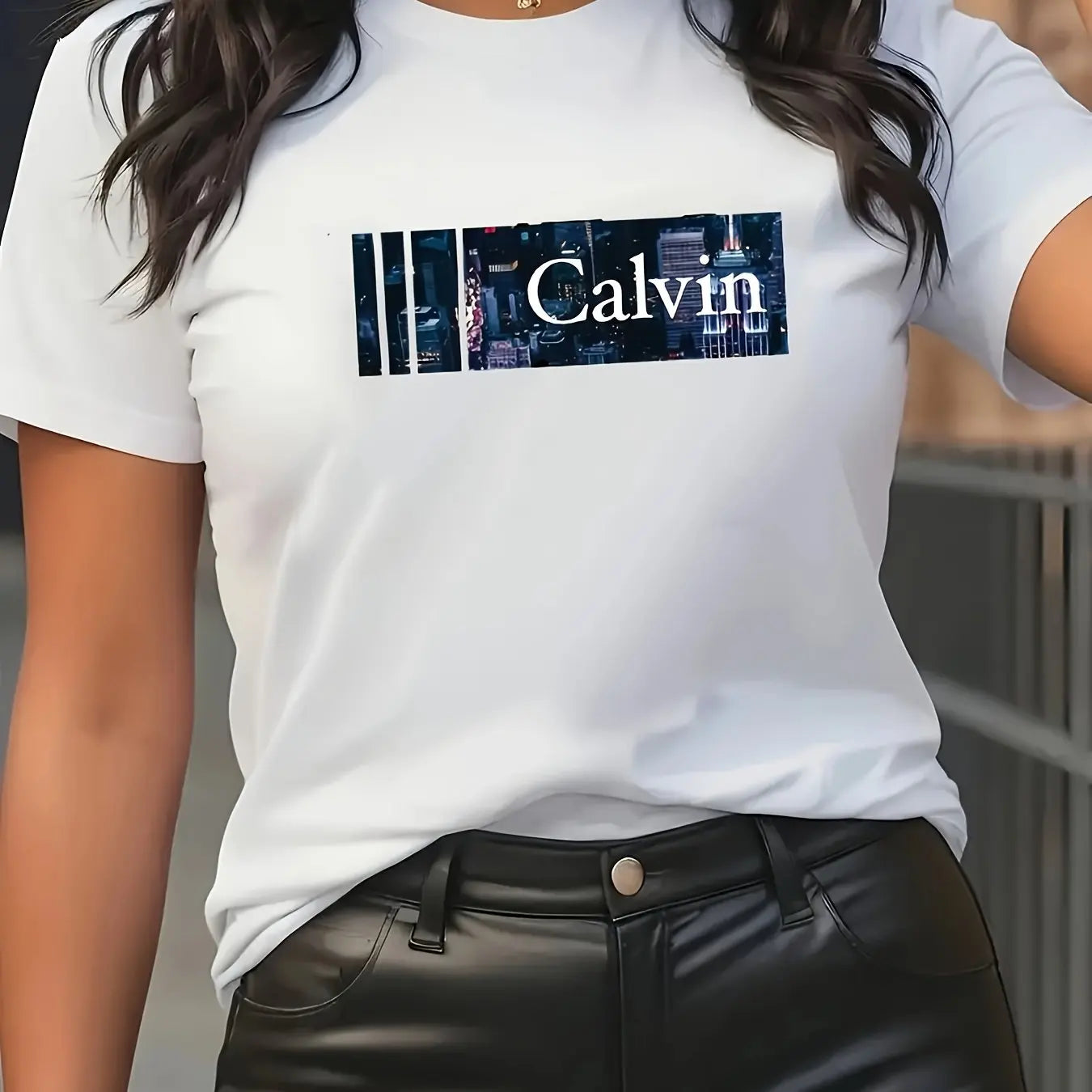 Summer women's fashionable casual loose Calvin letter pattern printed round neck short sleeved comfortable T-shirt top