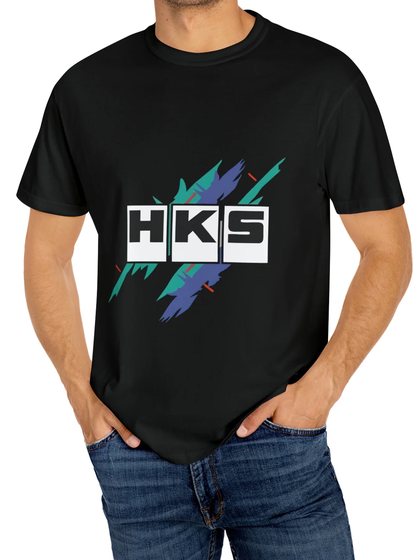 Men's HKS Graphic Cotton T-Shirt - Casual Round Neck Tee with Stretch, Black with Colorful Letter Print