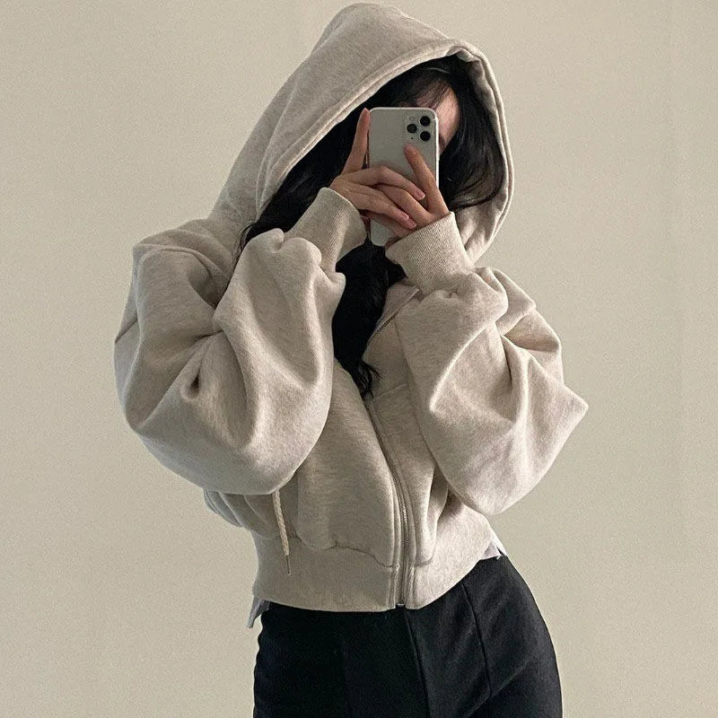 Women Casual Streetwear Y2K Crop Tops Hood Shirt Blended Material