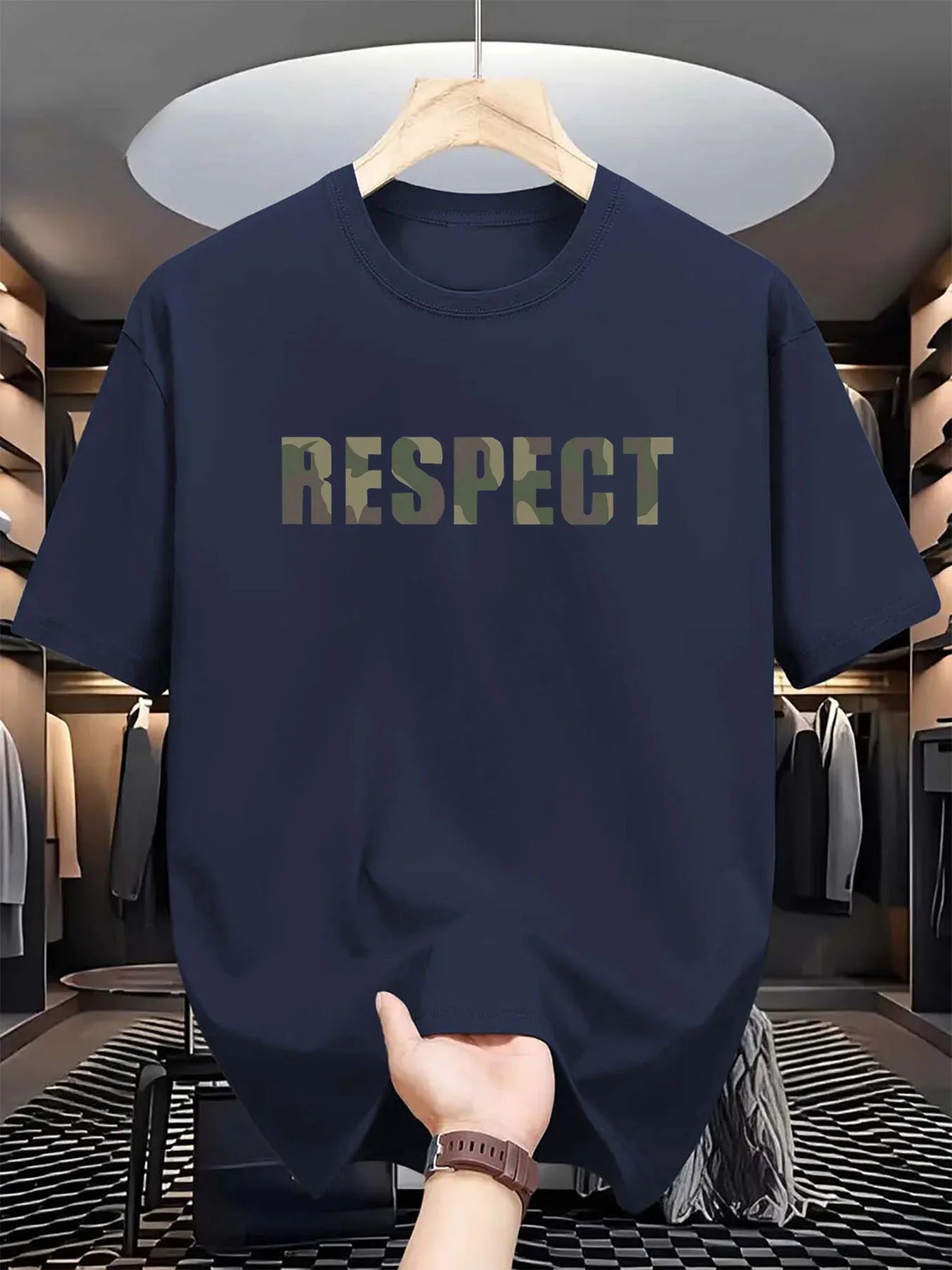 Men's summer 100% pure cotton fashionable casual loose RESPECT camouflage letter printed round neck short sleeved T-shirt top