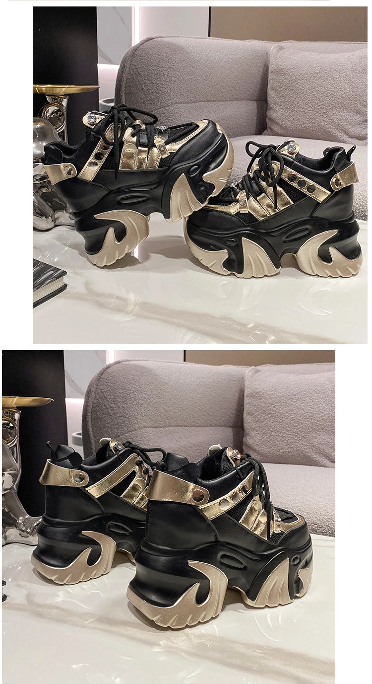 10CM New 2024 Spring Women Chunky Sneakers Heels Lace-up High Platform Sports Shoes Woman Breathable Mesh Shoes Leather Sneakers
