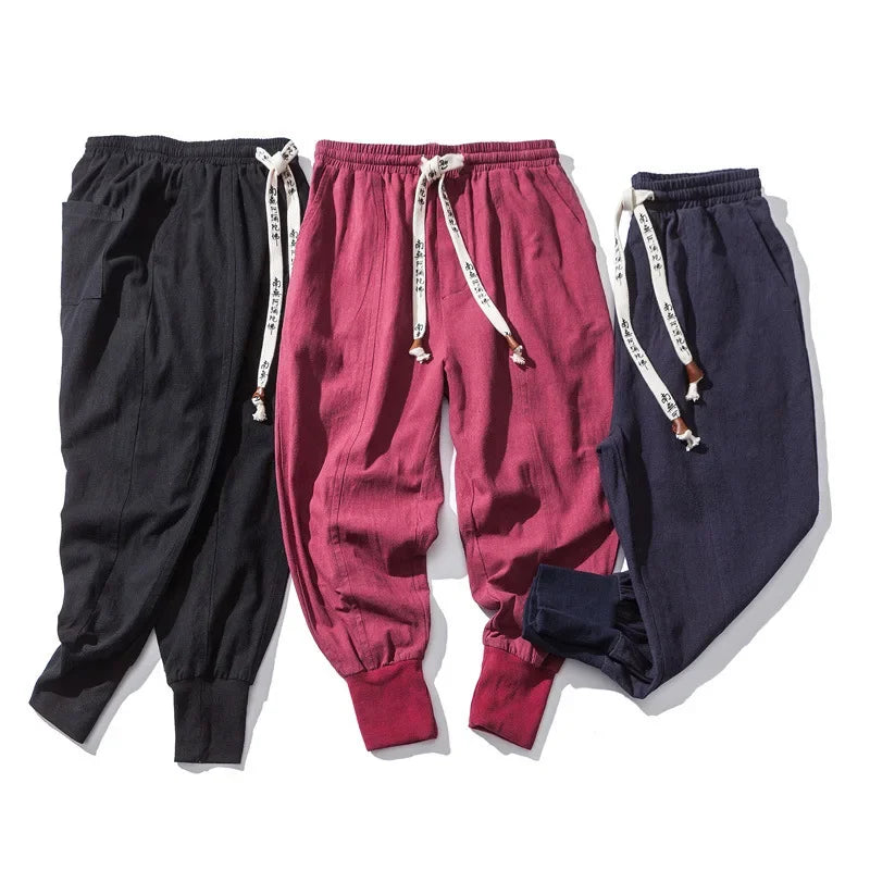 2024 Japanese Style Cotton Linen Pants Plus Size Chinese Style Men's Casual Pants Youth Fashionable Small Feet Harem Pants Whole