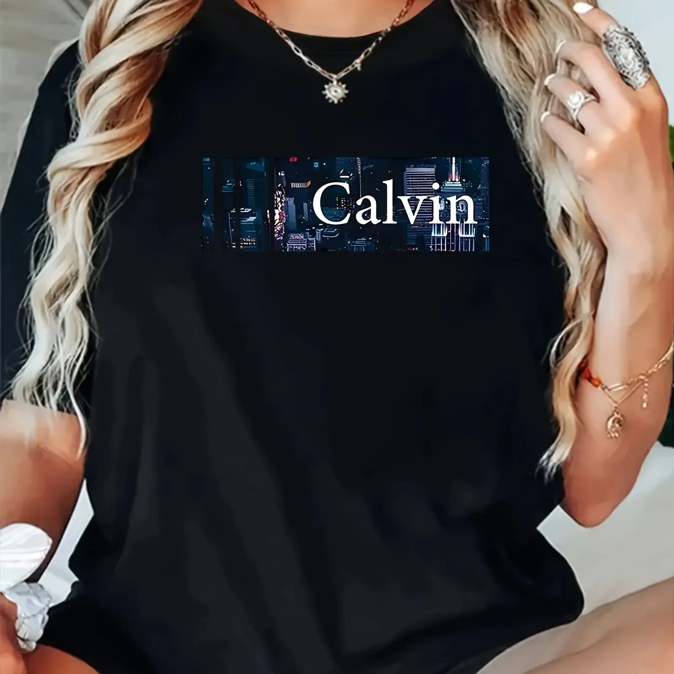 Summer women's fashionable casual loose Calvin letter pattern printed round neck short sleeved comfortable T-shirt top