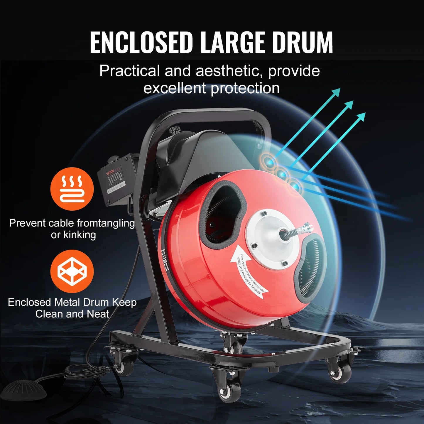 SucceBuy Drain Cleaner Machine 50 FT x 1/2 Inch Manual Feed Sewer Snake Auger with Wheels 4 Cutters & Air-activated Foot Switch