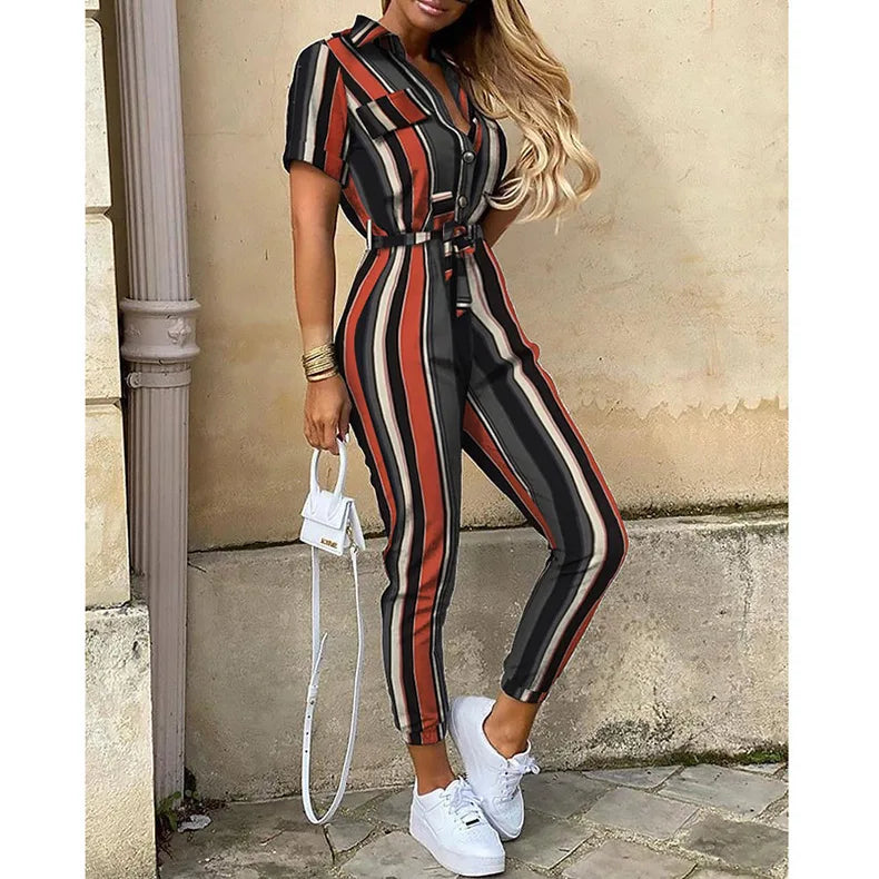 Women's Monochrome Jumpsuit 2024 Spring/Summer Comfortable Casual Flip Collar Printed Belt Work Dress Women's Jumpsuit