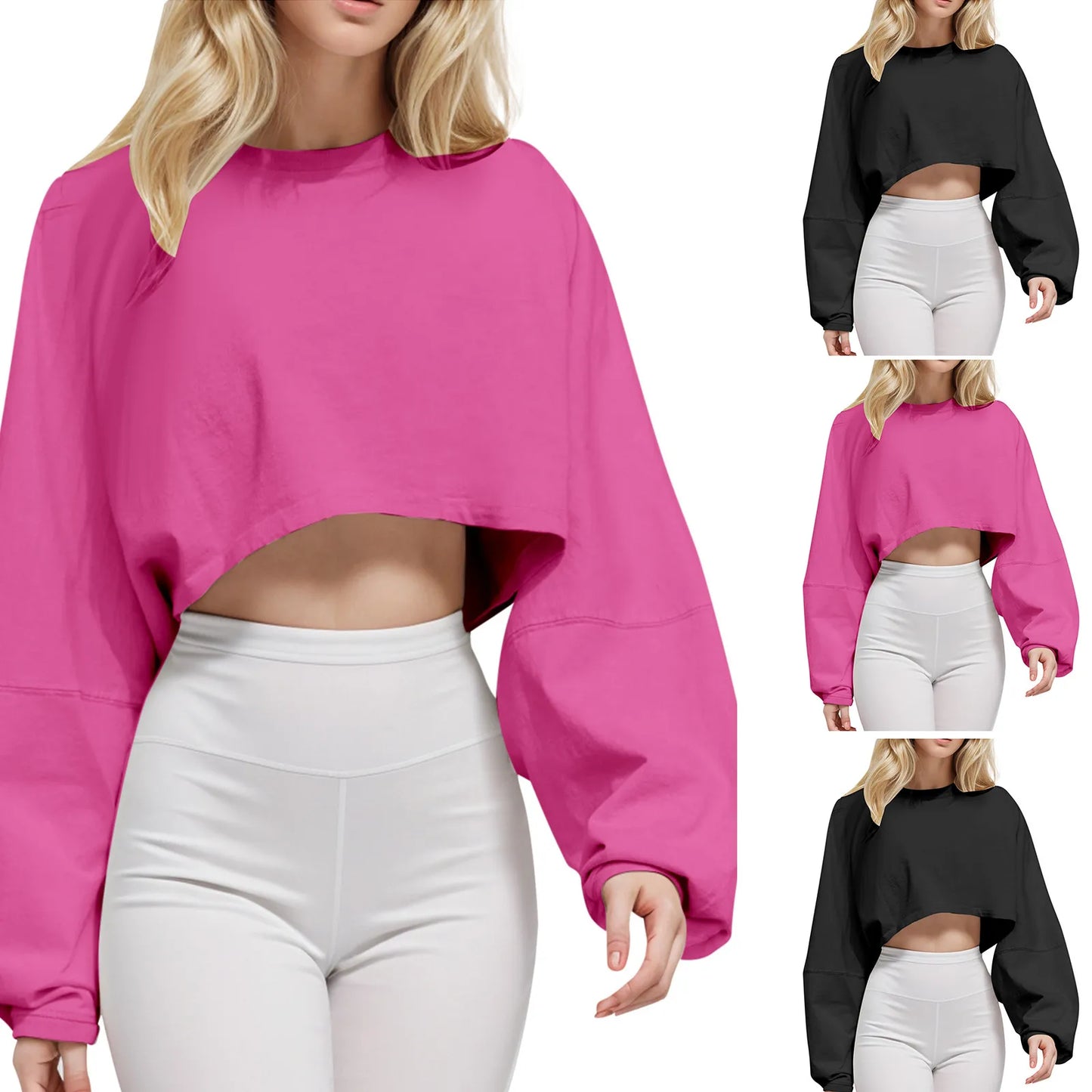 New Fashion Cropped Top Women'S Crew Neck Loose Short Sport Base T Shirt Long Sleeve Plus Size Blouse Womens Streetwear Fitted