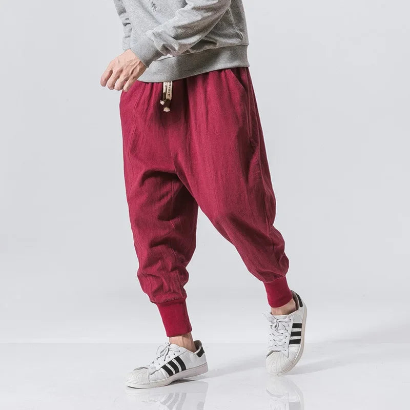 2024 Japanese Style Cotton Linen Pants Plus Size Chinese Style Men's Casual Pants Youth Fashionable Small Feet Harem Pants Whole