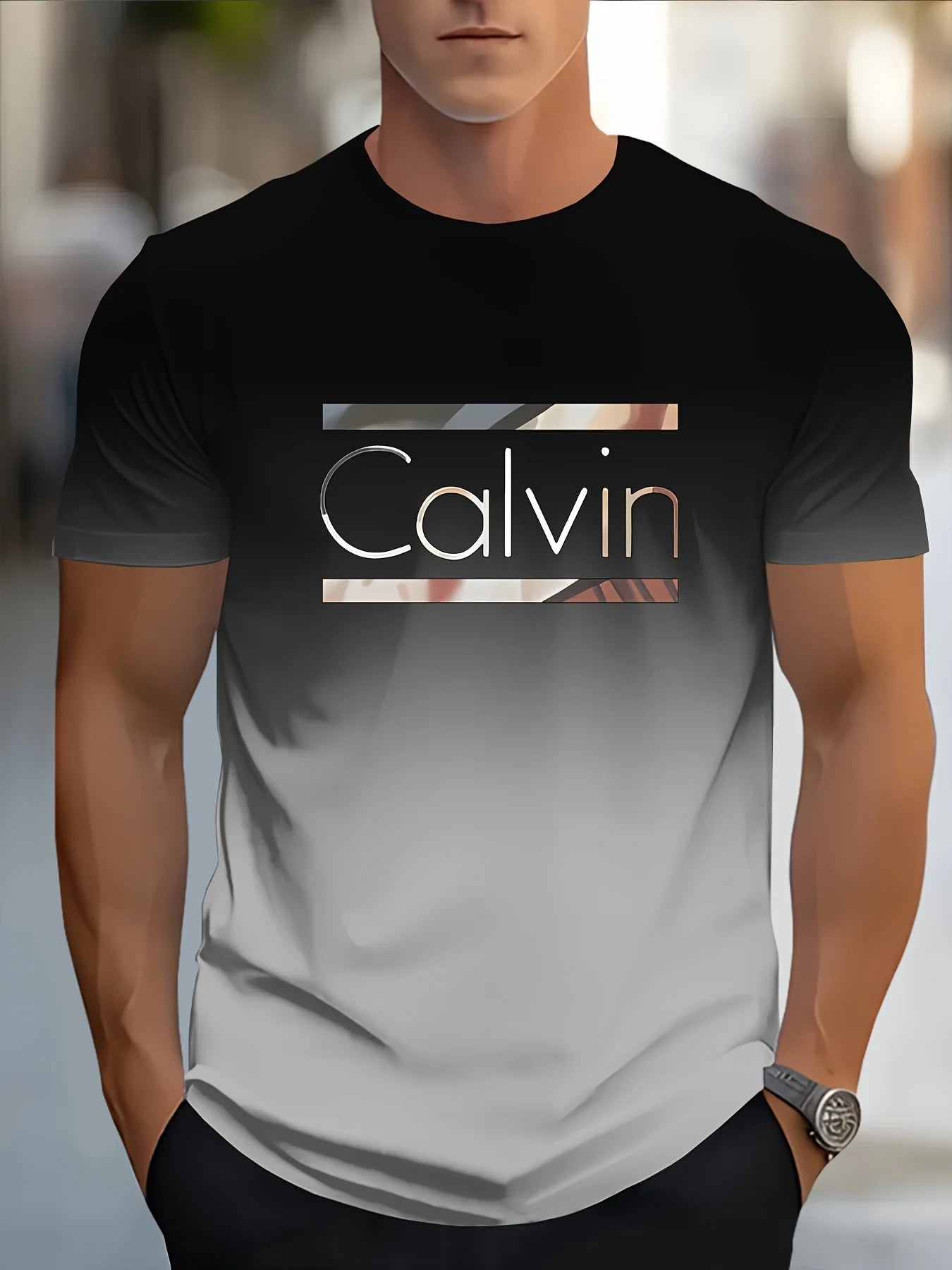 Men'S Customizable "Calvin" Gradient Print T-Shirt - Casual Crew Neck, Short Sleeve, Slight Stretch Fabric 100%polyster