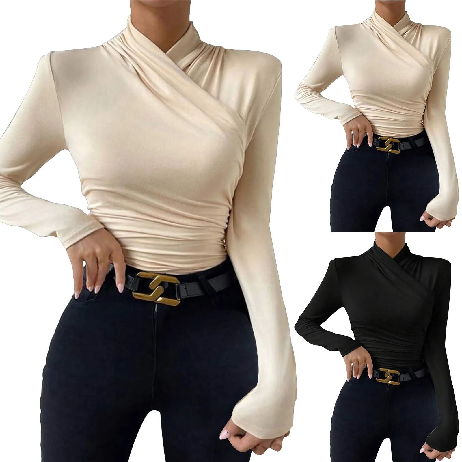 Women'S Autumn And Winter Tank Tops With A Neckline Slim Fit Versatile Pleated T Shirt Sexy Cross Ladies Crop Tops Streetwear