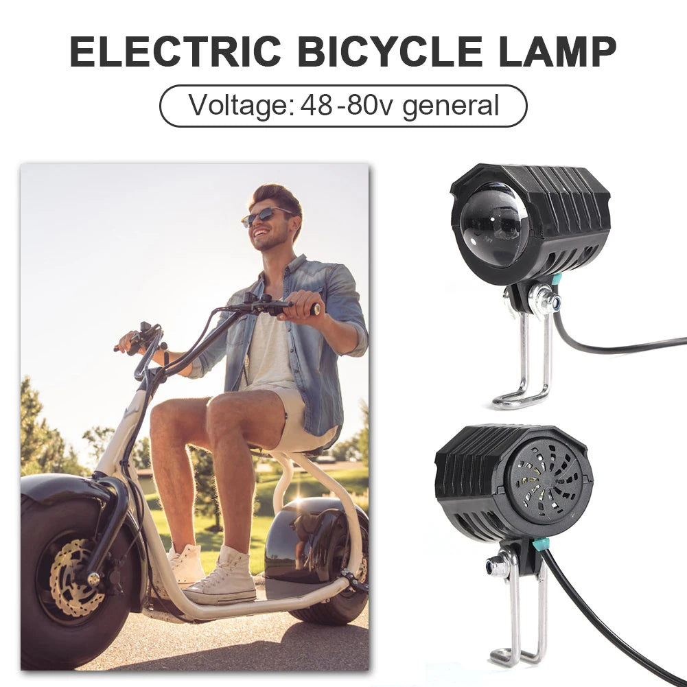 Ebike E-Bike 36V 48V 60V 80V Electric Bicycle Light with Horn Waterproof Scooters Motorcycle Headlight Horn Set Front Headlight