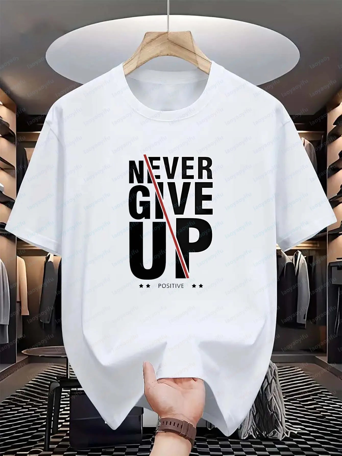 Men's 'Positive' Monogram Print T-Shirt Never Give Up Fashion Letter Graphic Casual Short-Sleeved Comfortable Top Goth T-shirts