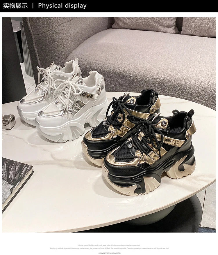 10CM New 2024 Spring Women Chunky Sneakers Heels Lace-up High Platform Sports Shoes Woman Breathable Mesh Shoes Leather Sneakers