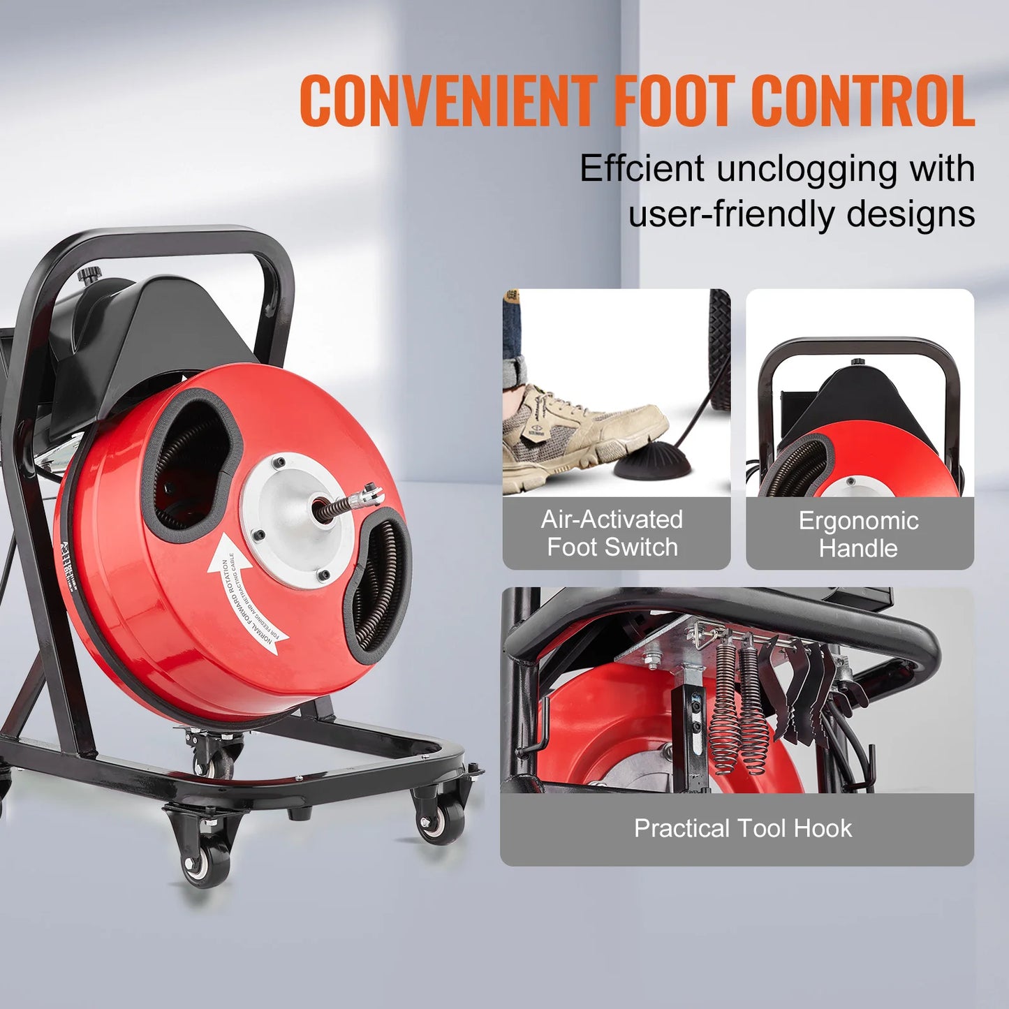 SucceBuy Drain Cleaner Machine 50 FT x 1/2 Inch Manual Feed Sewer Snake Auger with Wheels 4 Cutters & Air-activated Foot Switch