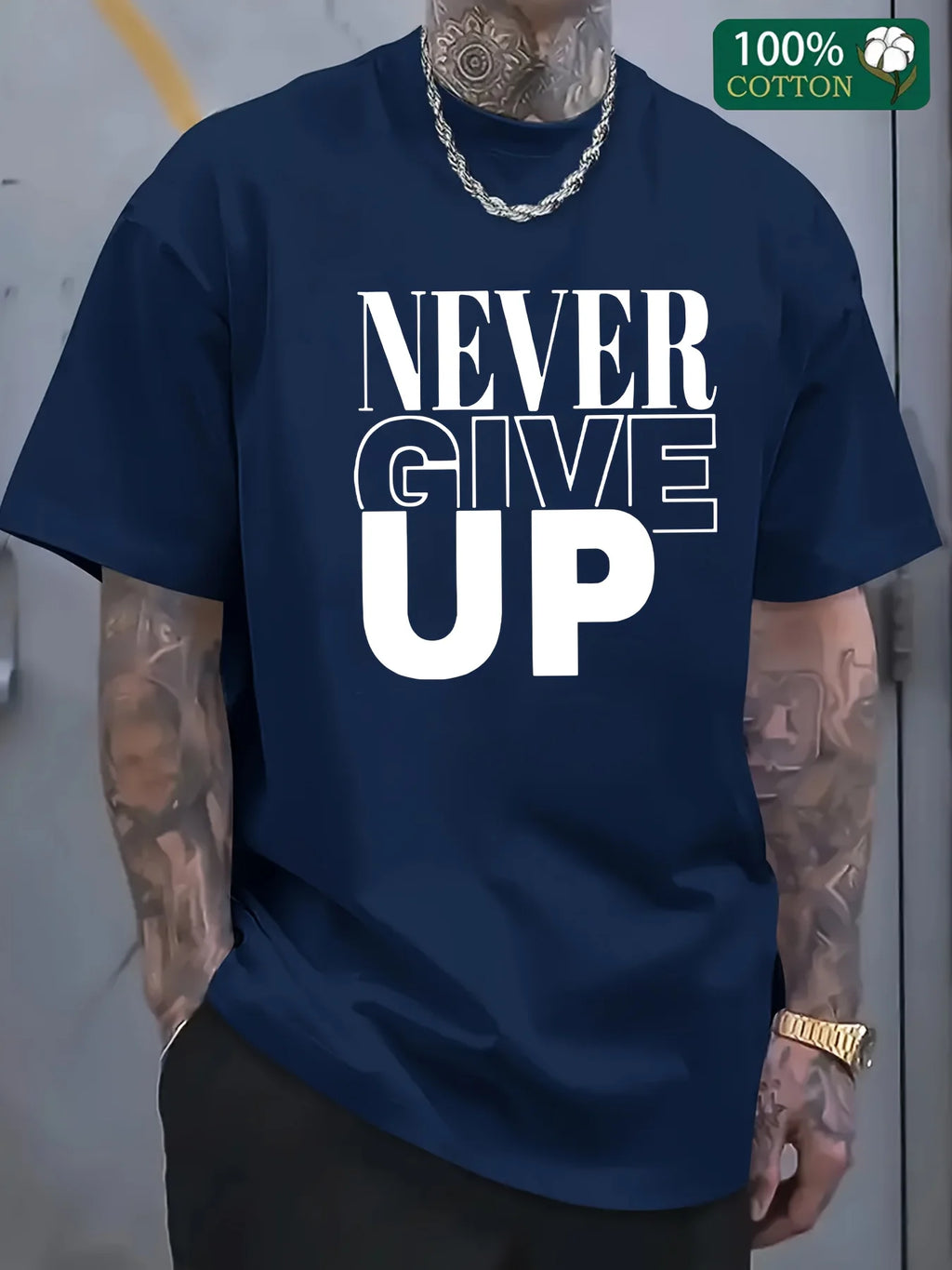 Men's summer 100 cotton fashionable casual sports loose Never give up letter printed round neck short sleeved T-shirt top