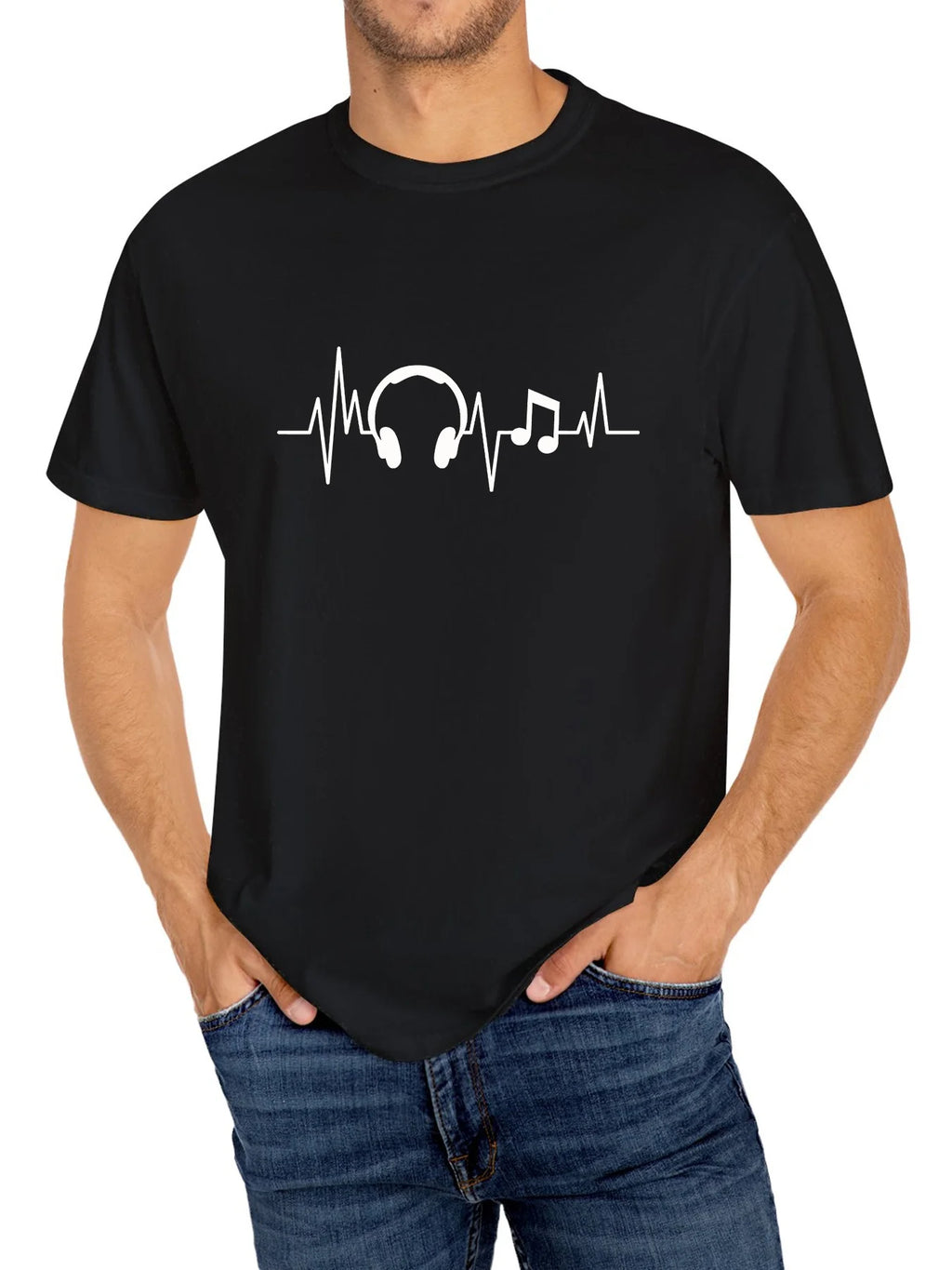 Men's Cotton T-Shirt with Music Note & Headphones Graphic, Casual Crew Neck, Short Sleeve, Slight Stretch