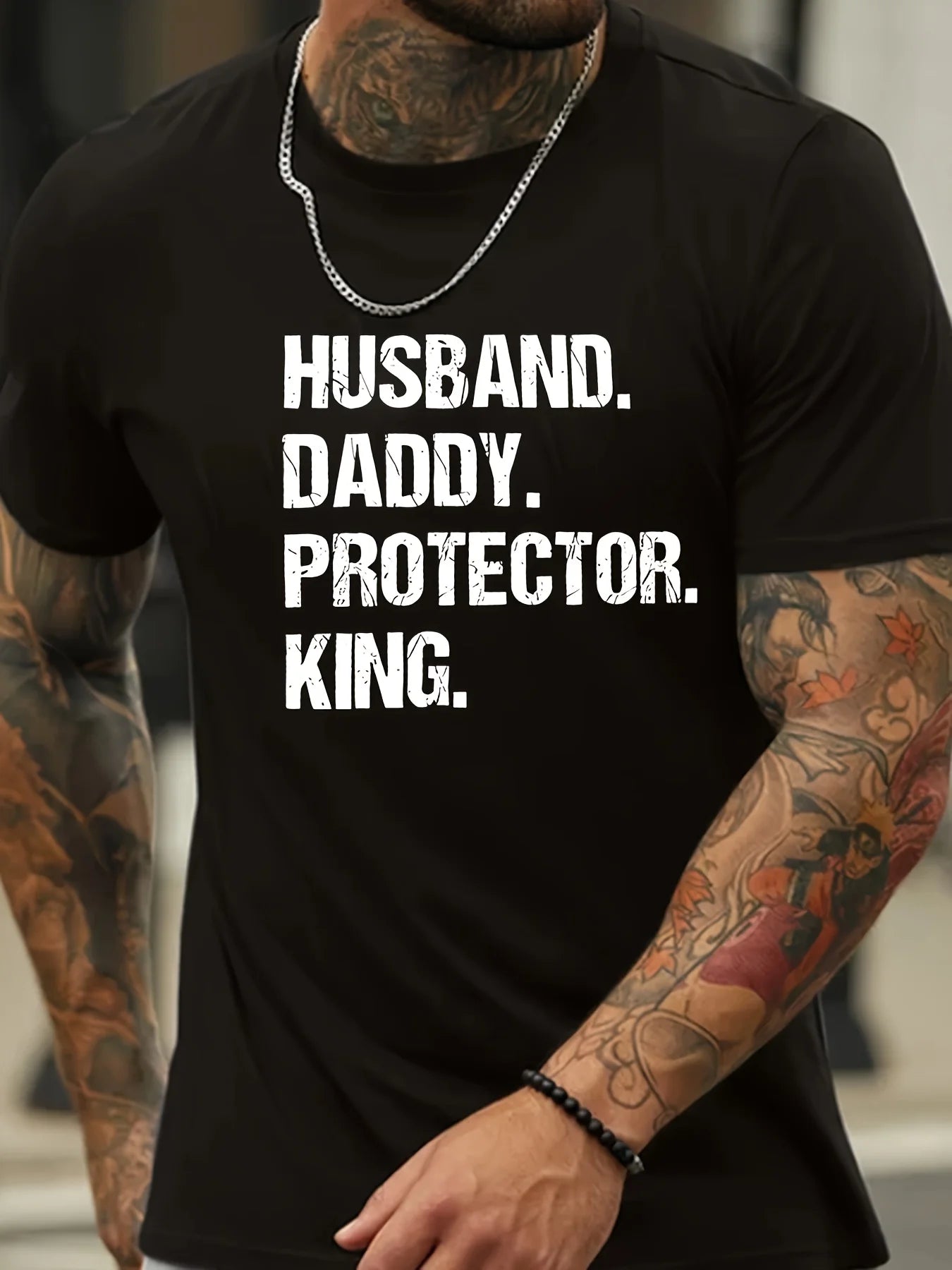 Cotton Graphic Husband Daddy Protector T-shirt - Men's Fashion Trend Casual Letter Printed Round Neck