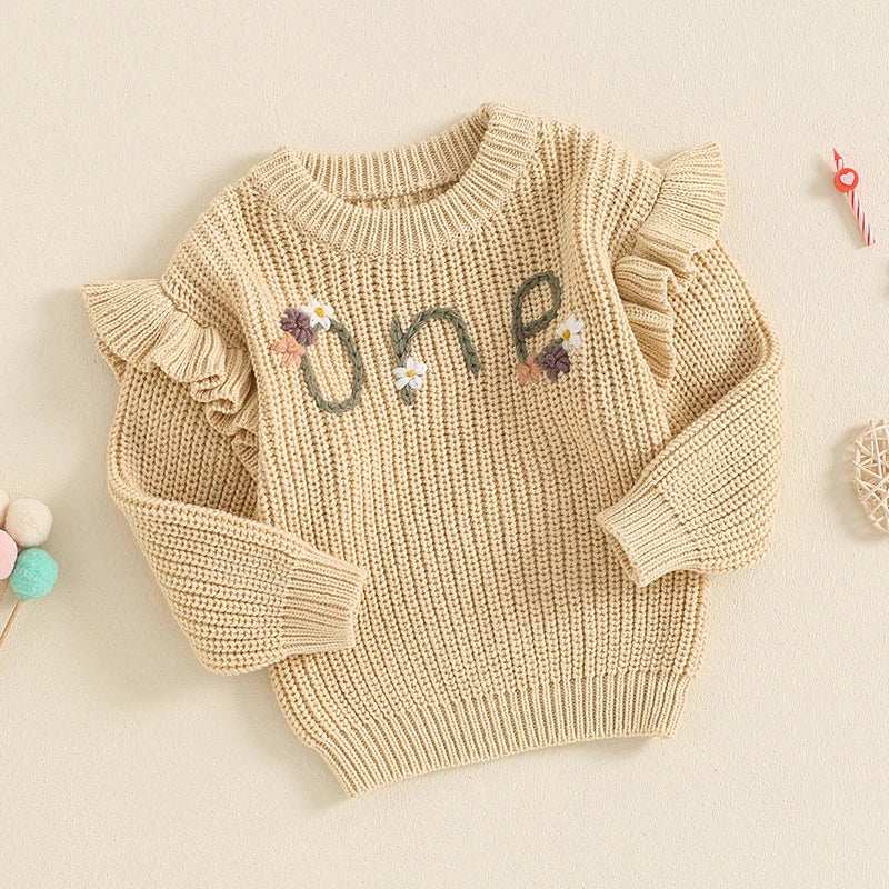 2024-05-23 Lioraitiin Newborn Baby Girl Birthday Sweater Casual Floral Letter Embroidery Warm Knitted Pullover Infant Knitwear