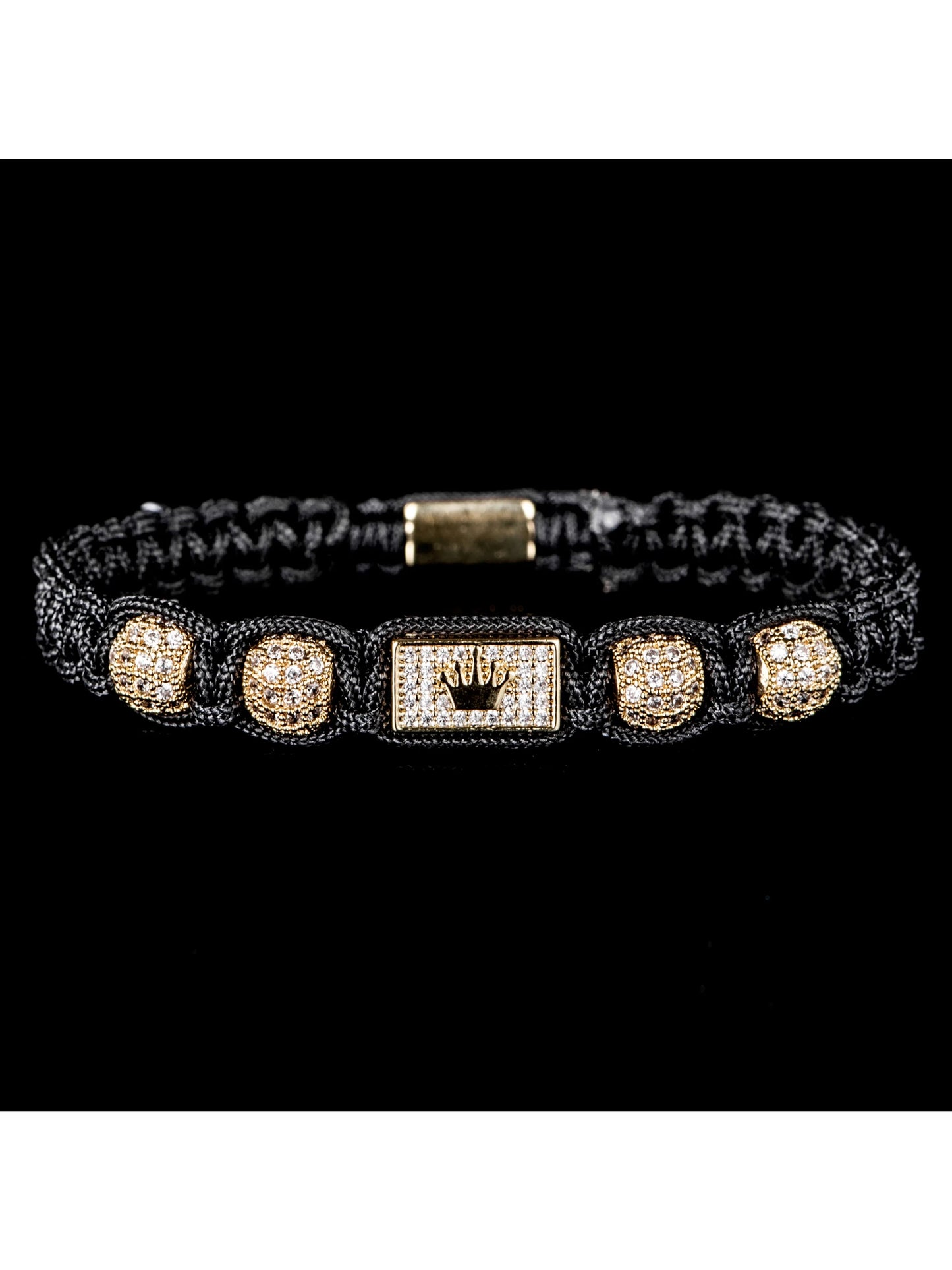 New Men's Adjustable Black Braided Crown Design Bracelet with Sparkling Synthetic Zirconia Stones Elegant GoldenTone Rectangular