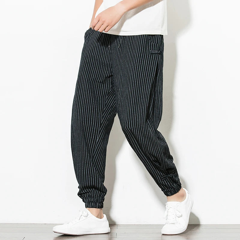 Japanese Style Summer Thin Section Stripes Harem Pants Men Cotton Fashion Disc Buckle Breathable Linen Pants Men Plus Size 5XL