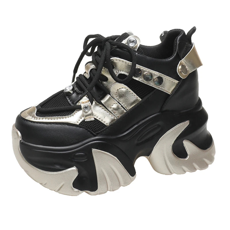 10CM New 2024 Spring Women Chunky Sneakers Heels Lace-up High Platform Sports Shoes Woman Breathable Mesh Shoes Leather Sneakers