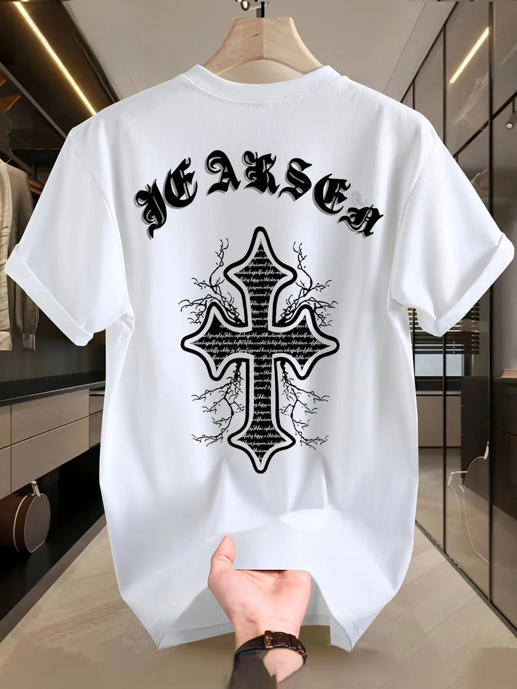 1pc Men'S Vintage Cross Print Cotton T-Shirt, Casual Round Neck Short Sleeve Tee, Summer Knit Fabric