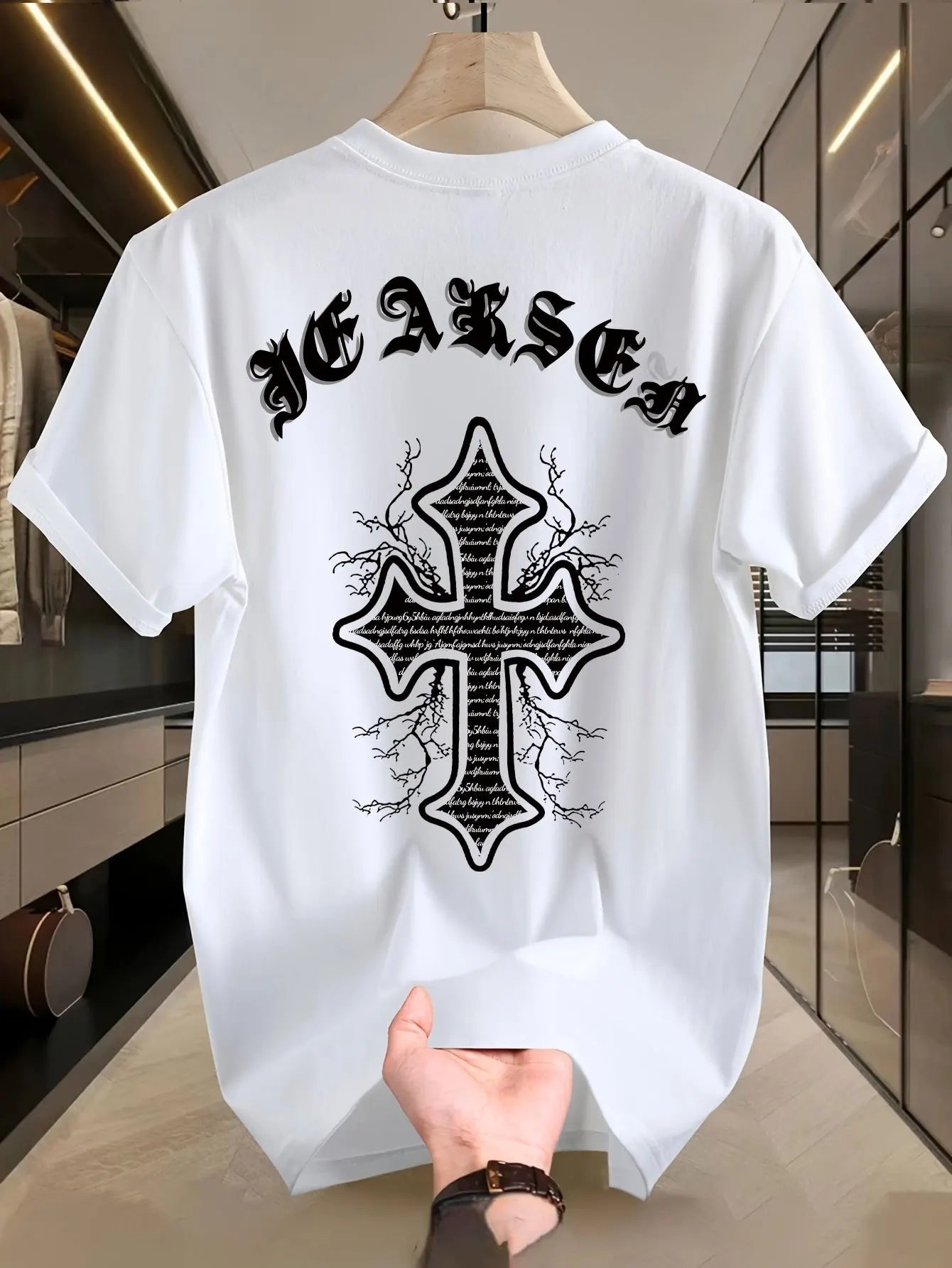 1pc Men'S Vintage Cross Print Cotton T-Shirt, Casual Round Neck Short Sleeve Tee, Summer Knit Fabric