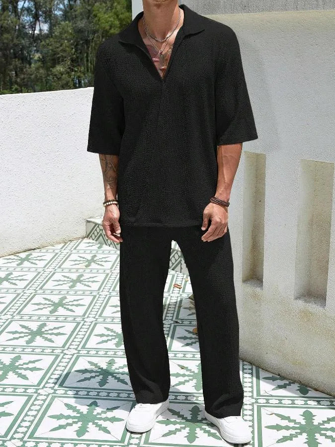 2025 Europe and the United States men's new spring half-sleeve shirt pants solid color suit V-neck design