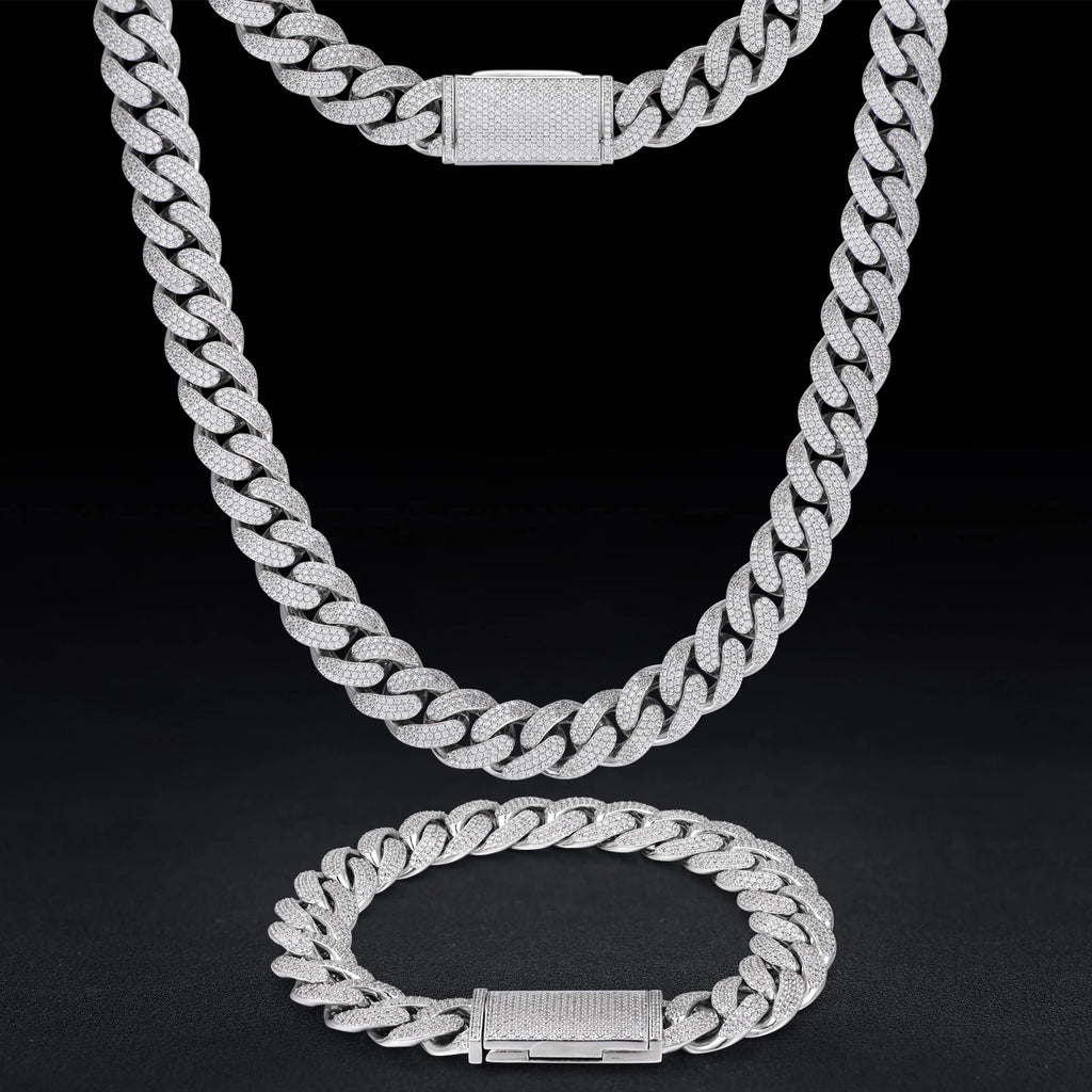 New 8-20mm S925 Sterling Silver Setting Cuban VVS Moissanite Link Miami Chain Necklace For Men Singer Style Rap Hip Hop Jewelry