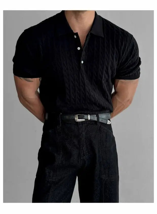 American Sle Hard Man Knitted  irt Muscle Men Slim Fit Elastic ort Sve Turn-down Collar Sweatirt Tight Sve ...