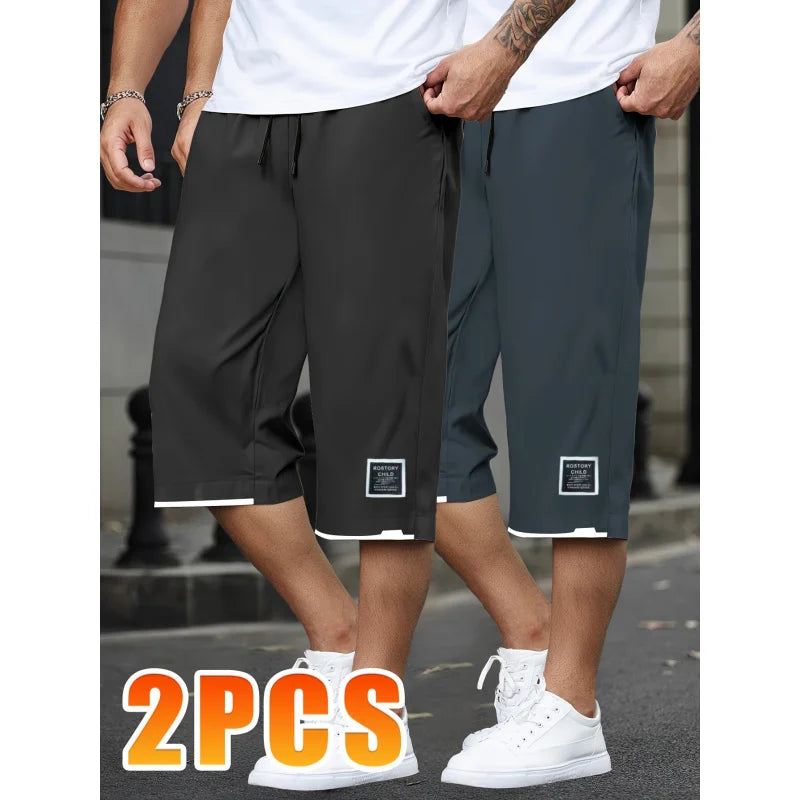 2 Pieces Of Men's Casual Lace-Up Cropped Pants For Summer Outdoor Sports Running Gym Ventilate Baggy Shorts Beach Clothes Man
