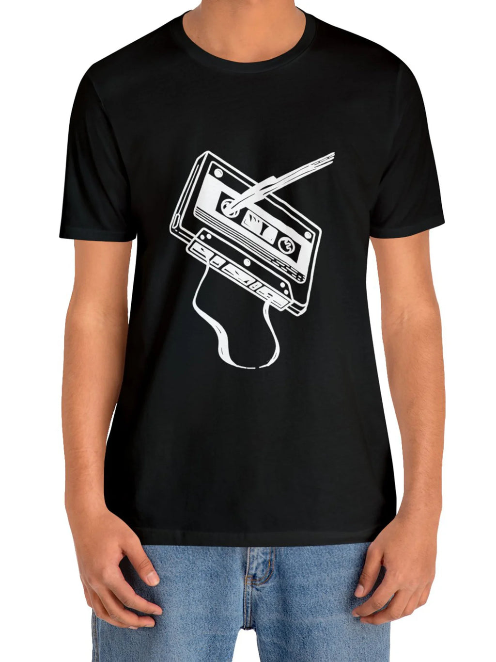 Men's Casual Cotton T-Shirt with Geometric Cassette Print, Crew Neck, Knit Fabric