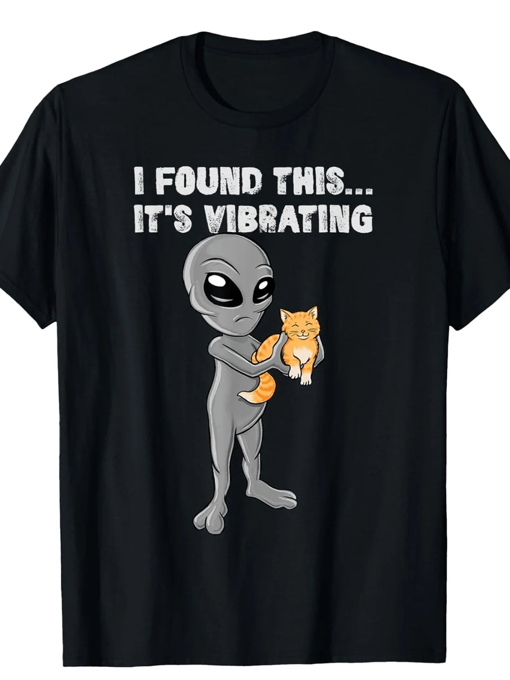 1pc Men's Cat & Alien Graphic T-Shirt, 100% Cotton Crew Neck Short Sleeve, "I Found This... It's Vibrating" Funny Design