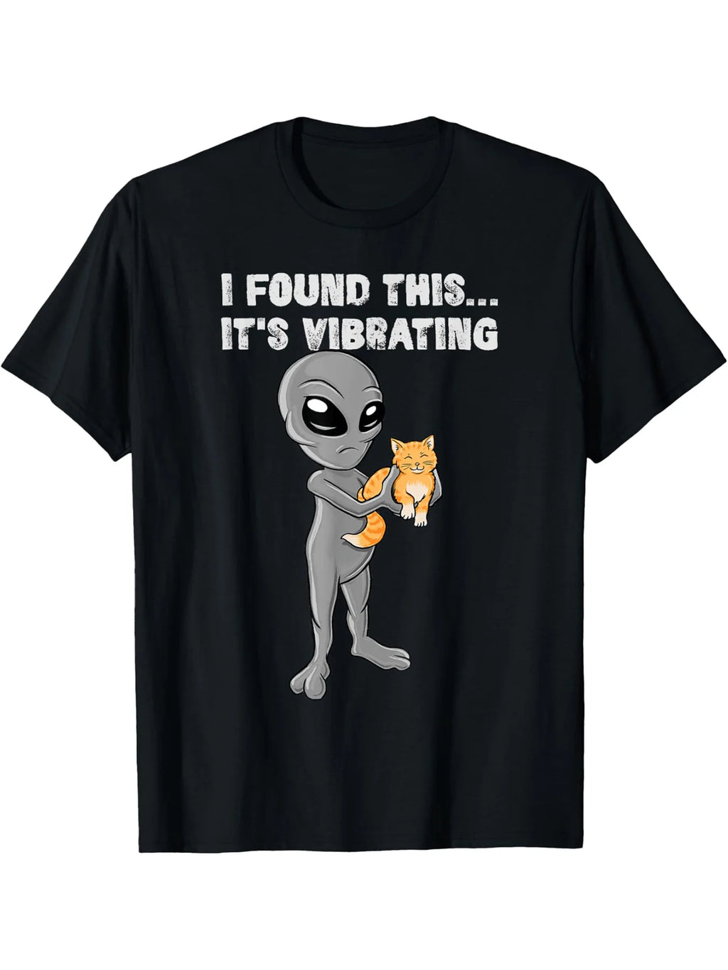 1pc Men's Cat & Alien Graphic T-Shirt, 100% Cotton Crew Neck Short Sleeve, "I Found This... It's Vibrating" Funny Design