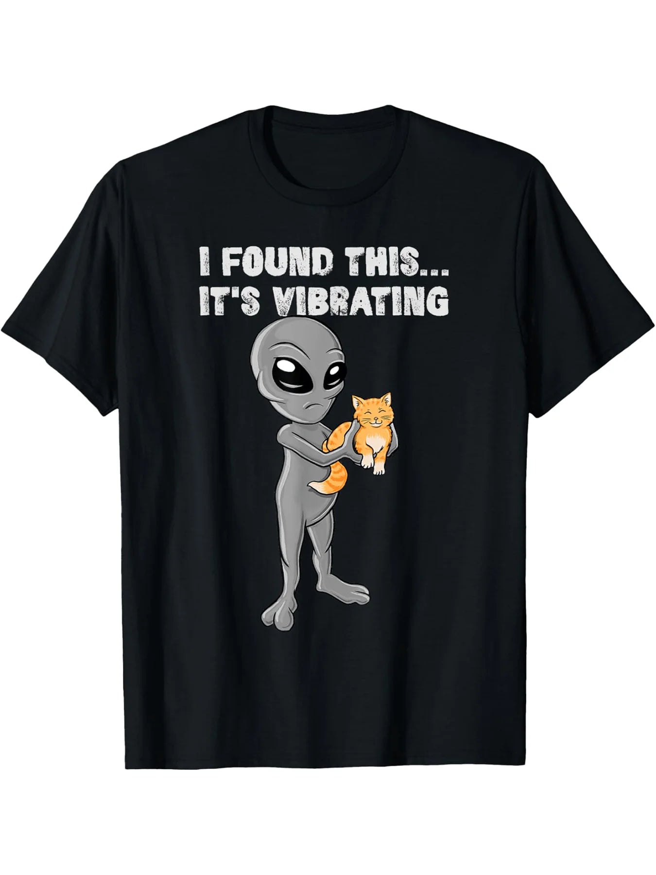 1pc Men's Cat & Alien Graphic T-Shirt, 100% Cotton Crew Neck Short Sleeve, "I Found This... It's Vibrating" Funny Design
