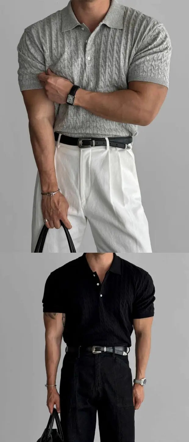 American Sle Hard Man Knitted  irt Muscle Men Slim Fit Elastic ort Sve Turn-down Collar Sweatirt Tight Sve ...