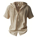 Cotton Linen Shirt for Men Hooded Short Sleeve Solid Color Breathable Lightweight Drawstring Design Shirts Casual Basic Tees