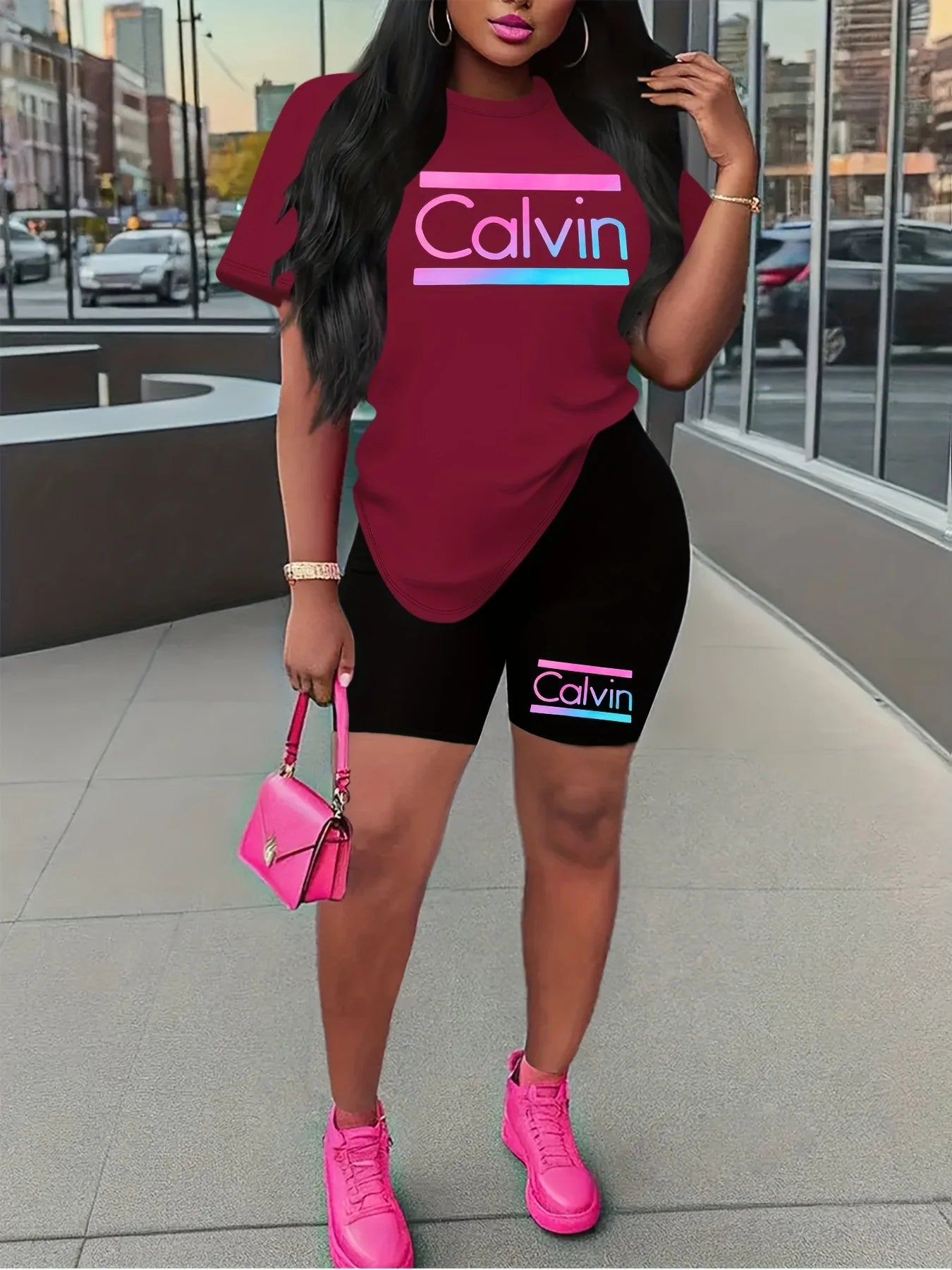 Women's summer casual loose and fashionable Calvin print round neck short sleeved T-shirt+shorts two-piece set