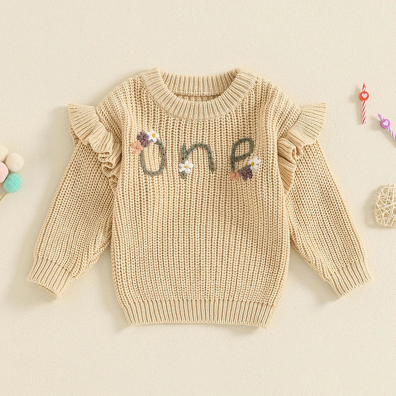 2024-05-23 Lioraitiin Newborn Baby Girl Birthday Sweater Casual Floral Letter Embroidery Warm Knitted Pullover Infant Knitwear