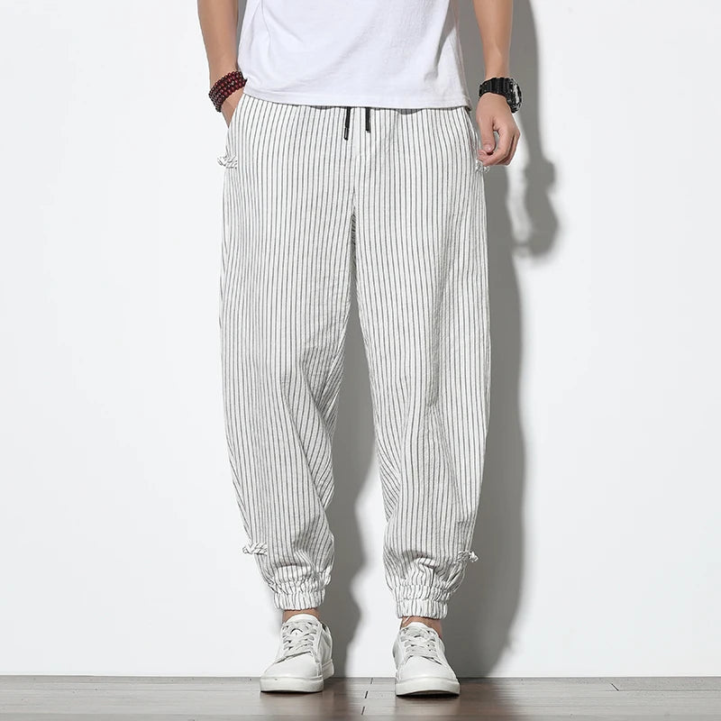 Japanese Style Summer Thin Section Stripes Harem Pants Men Cotton Fashion Disc Buckle Breathable Linen Pants Men Plus Size 5XL