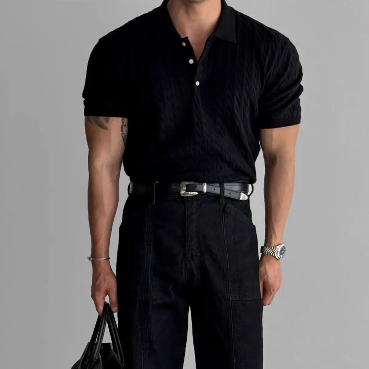 American Sle Hard Man Knitted  irt Muscle Men Slim Fit Elastic ort Sve Turn-down Collar Sweatirt Tight Sve ...