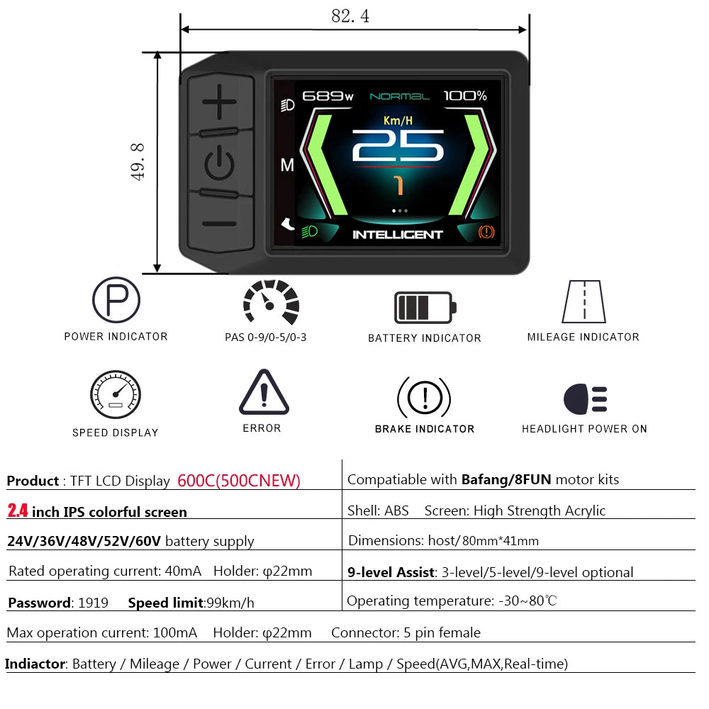 Electric Bicycle LCD 600C Bluetooth Display BF-UART Instrument 500C NEW Speed Applicable To Bafang Mid Hub Motor 36V 48V 52V