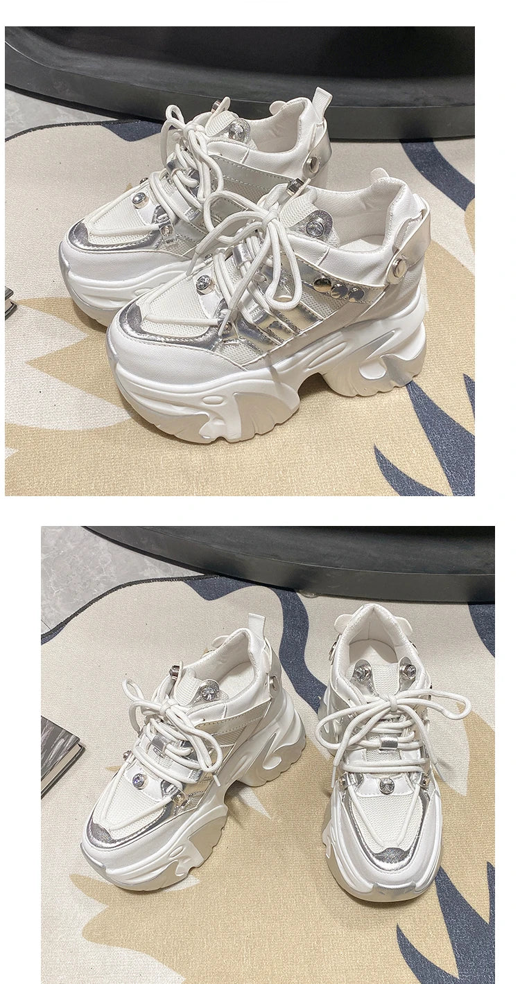 10CM New 2024 Spring Women Chunky Sneakers Heels Lace-up High Platform Sports Shoes Woman Breathable Mesh Shoes Leather Sneakers