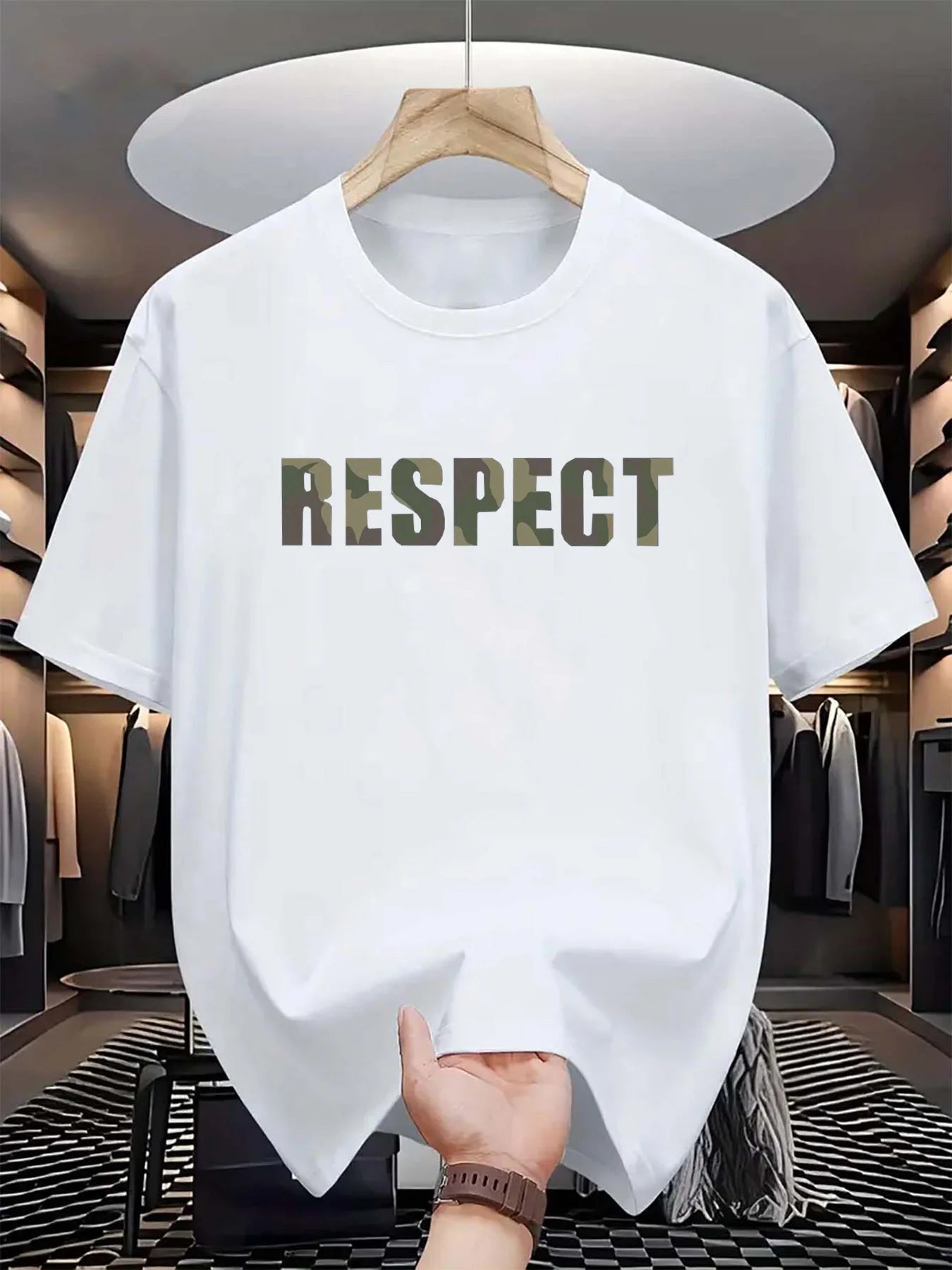 Men's summer 100% pure cotton fashionable casual loose RESPECT camouflage letter printed round neck short sleeved T-shirt top