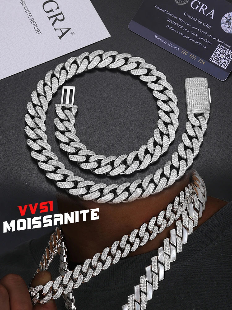 High Quality Unisex Cuban Chain VVS1 D Color Moissanite Necklace S925 Silver Chain For Men Women Hip Hop Jewelry