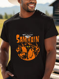 Men'S "Samhain" Graphic Tee - Casual Black Cotton T-Shirt with Orange & Yellow Flame Design