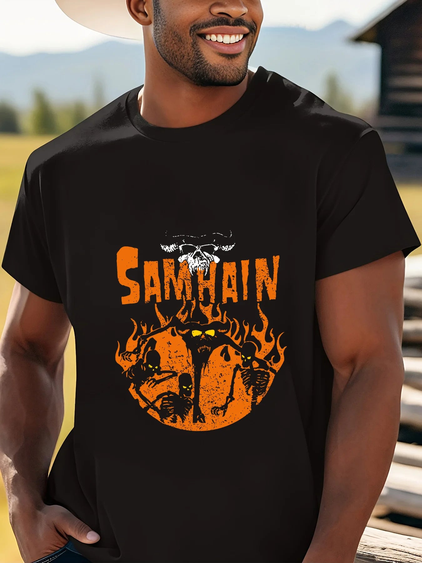 Men'S "Samhain" Graphic Tee - Casual Black Cotton T-Shirt with Orange & Yellow Flame Design