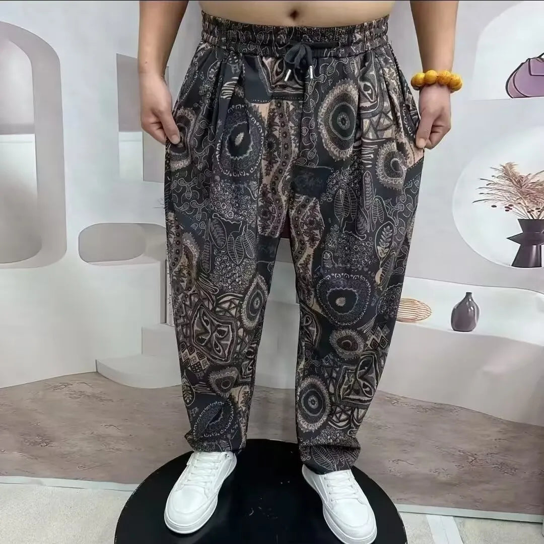 High-End Casual Harem Pants for Men Loose Comfortable Slimming Printed Polyester Fiber Summer Cool Sensation Faion Brand